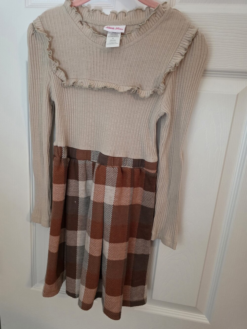 Little Lass Beige Ribbed Top with Brown & Rust Plaid Skirt Dress